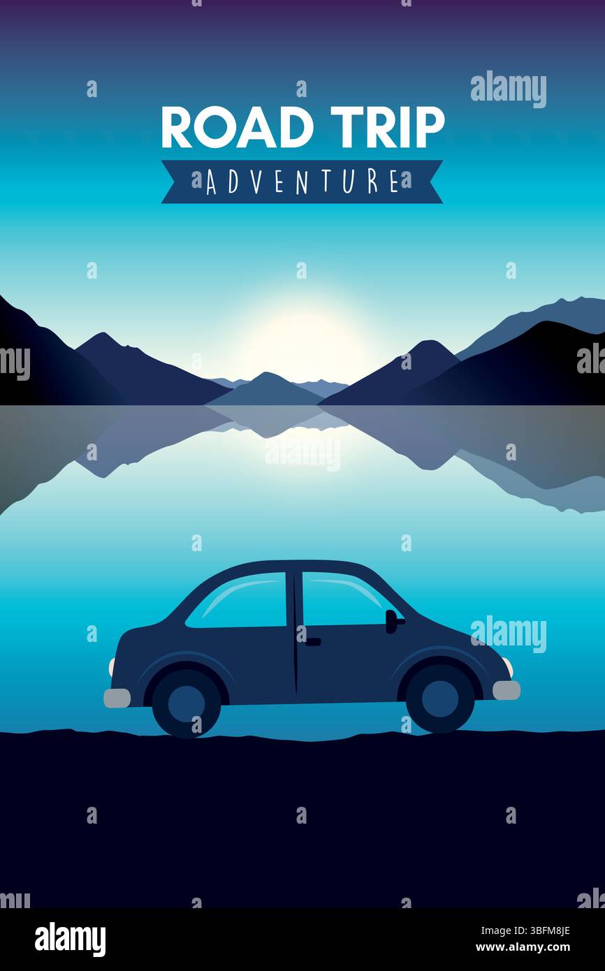 road trip adventure car on sea and mountain background vector ...