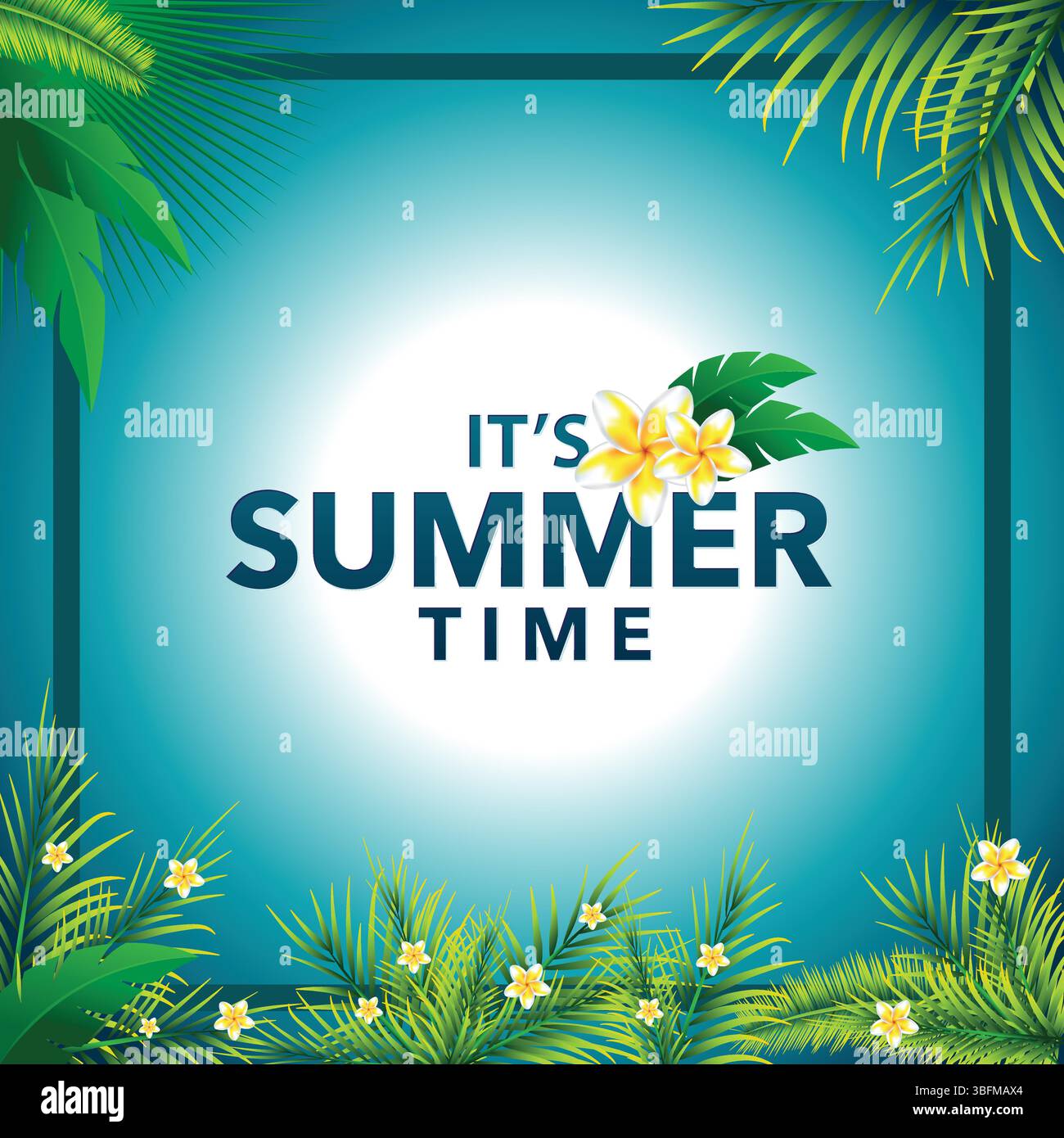 Enjoy summer holiday time with flower palm leaves on blue framed background Stock Vector