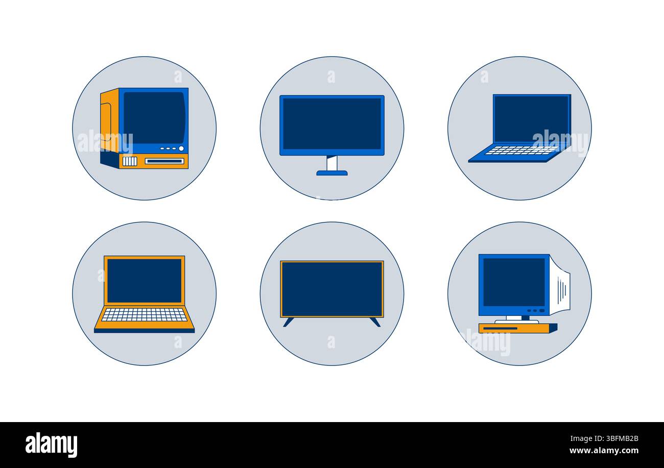 Computers and monitors in circular icons 2D cartoon objects set Stock Vector