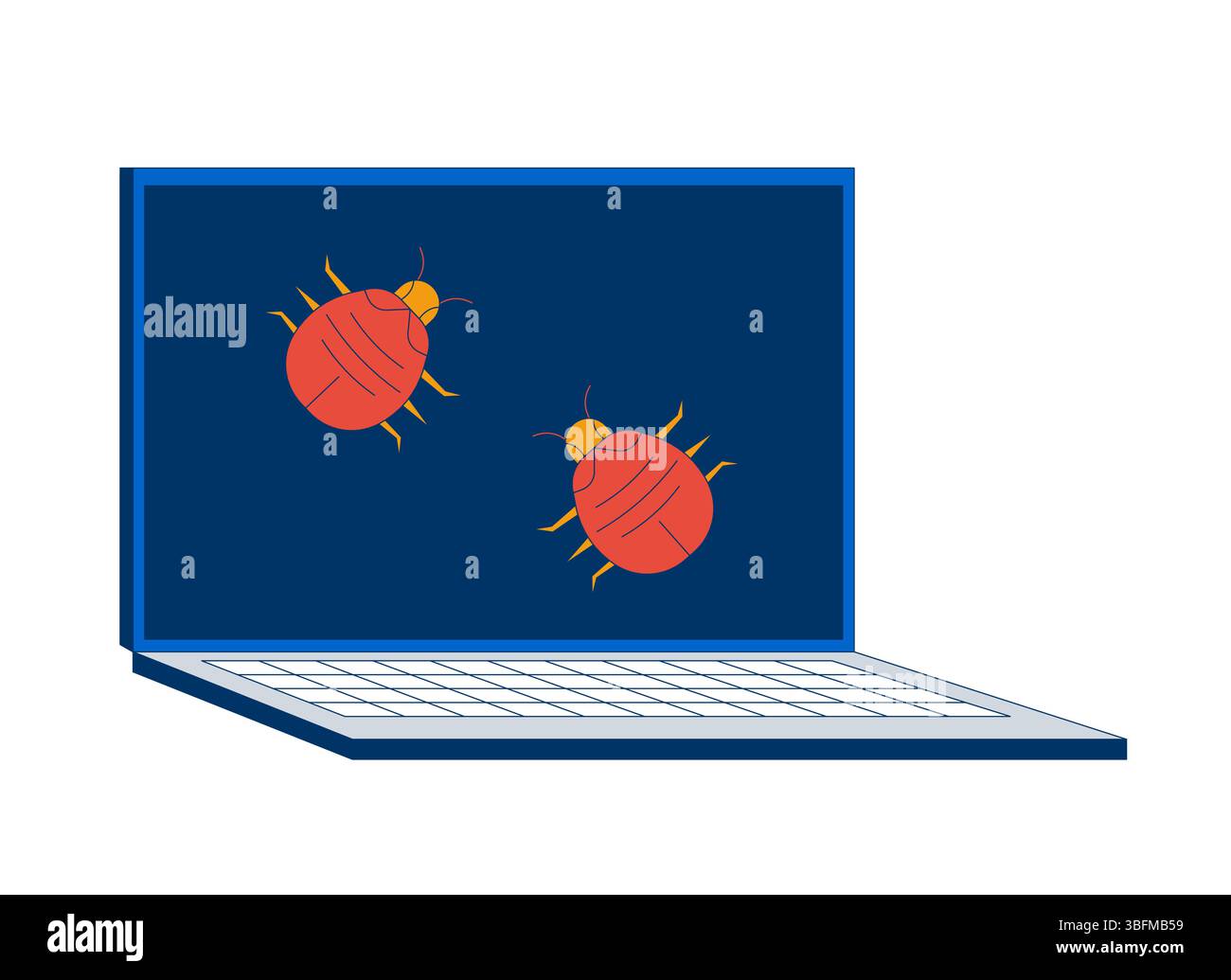 Computer bugs crawling on laptop screen 2D cartoon object Stock Vector
