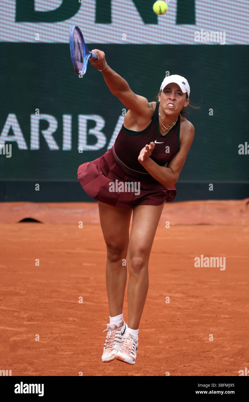 Paris, France. 02nd June, 2025. US Madison Keys plays against compatriot Hailey Baptiste during their fourth-round match of the French Tennis Open in Roland Garros in Paris, France, on Monday, June 1st, 2025. Keys won 6-3, 7-5. Photo by Maya Vidon-White/UPI. Credit: UPI/Alamy Live News Stock Photo