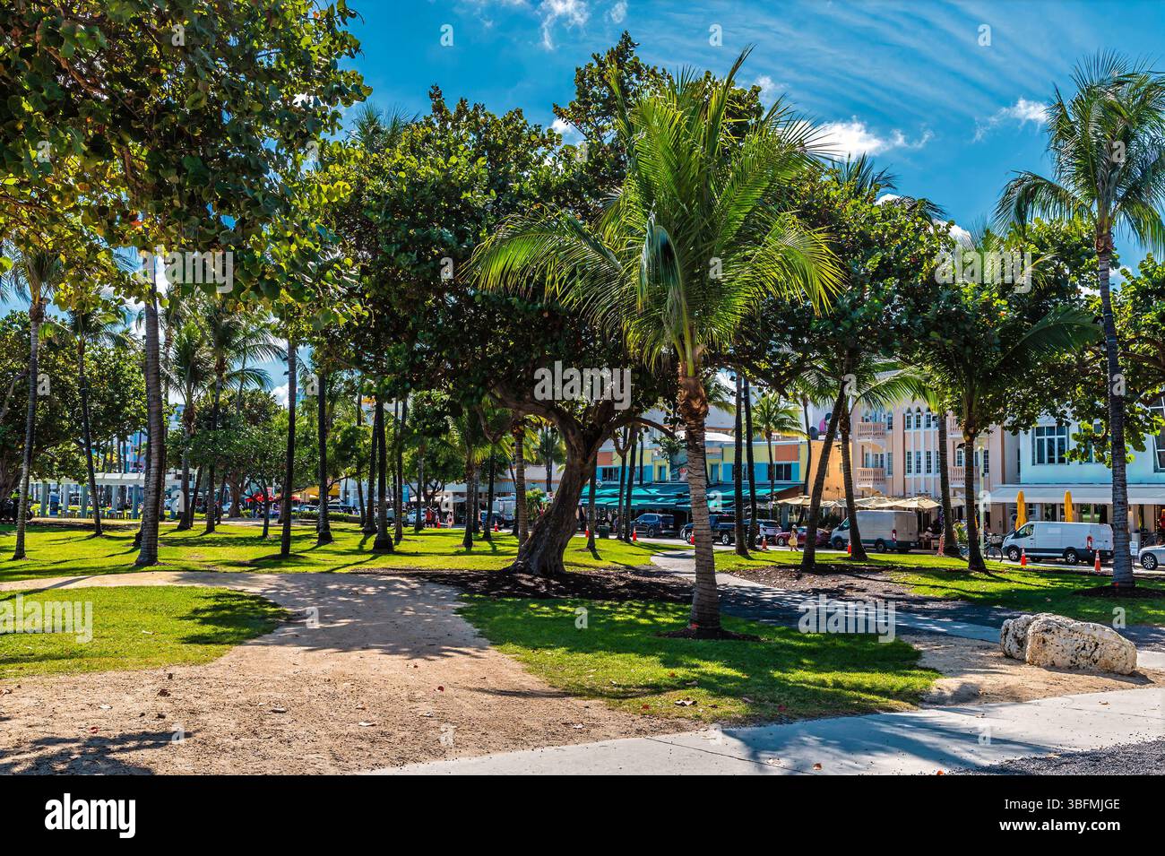 A view across Lummus Park towards Ocean drive  in Miami in springtime Stock Photo