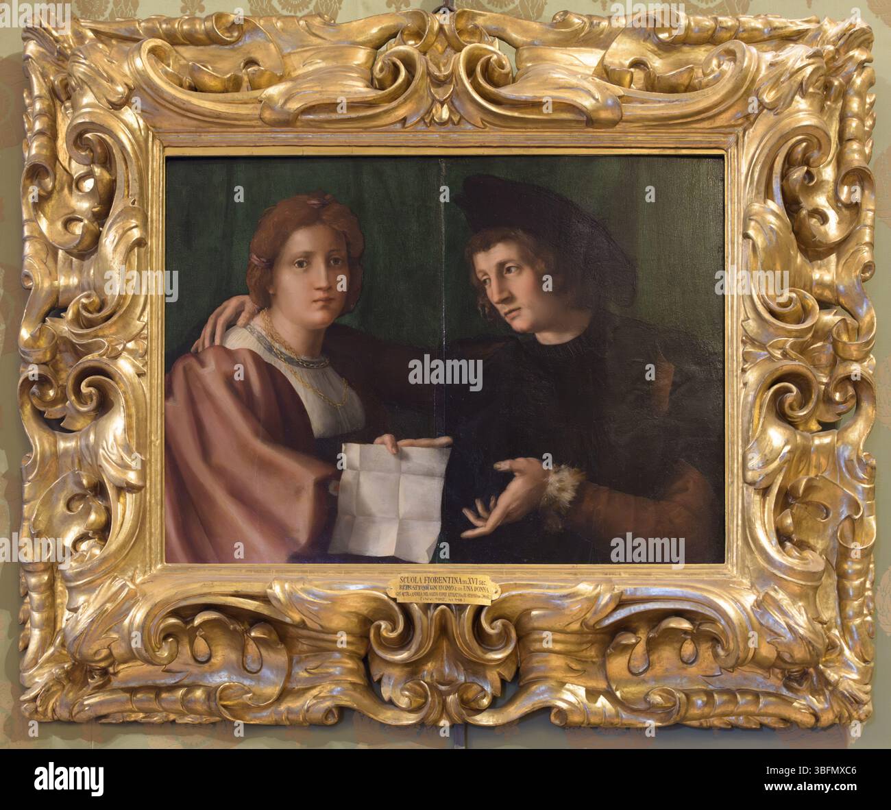 Renaissance double portrait of a man and woman in fine garments ...