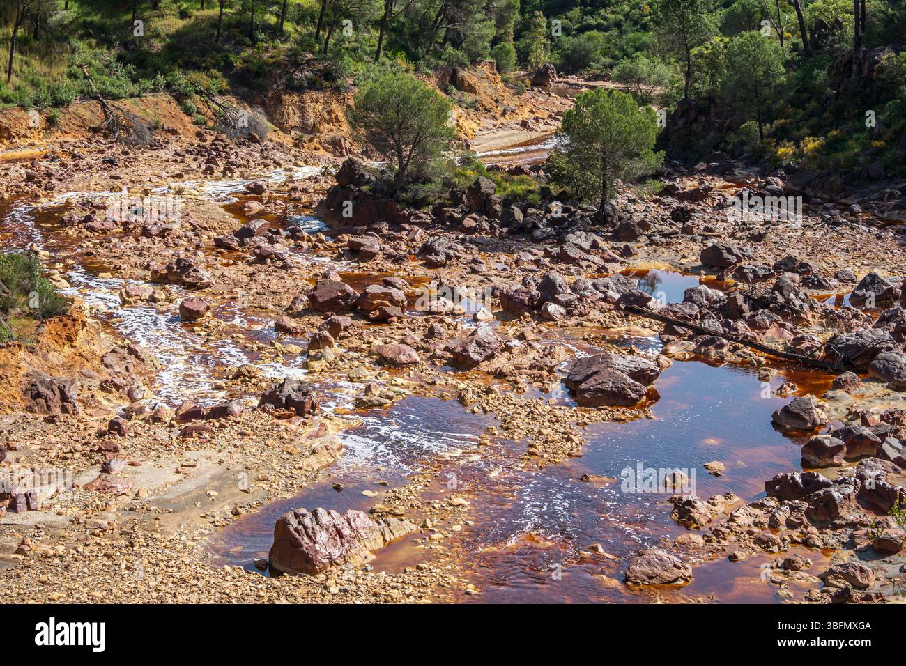 Rio Tinto mining area, river with red-colored water,  views along the touristic railroad line, Minas de Riotinto, Andalusia, Spain Stock Photo