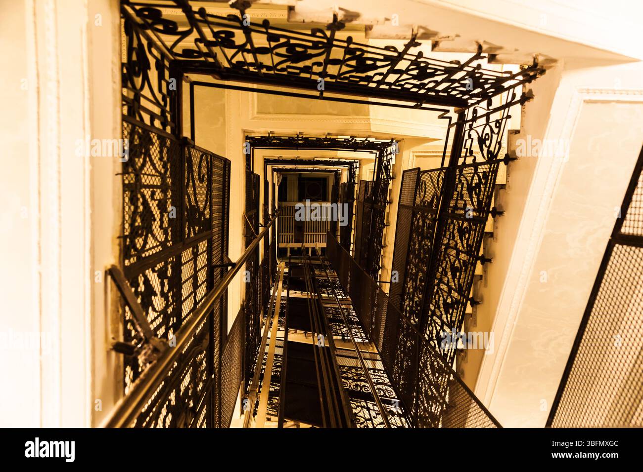 An old elevator shaft inside a house with forged steel railings on the inside. Stock Photo