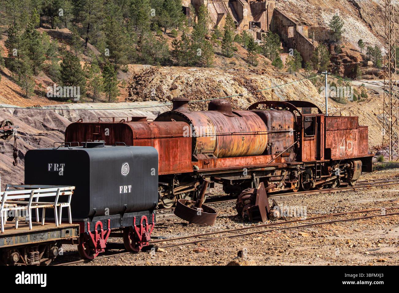 Rio Tinto mining area, destroyed nature and remains of mining activities,  views along the touristic railroad line, Minas de Riotinto, Andalusia, Spai Stock Photo