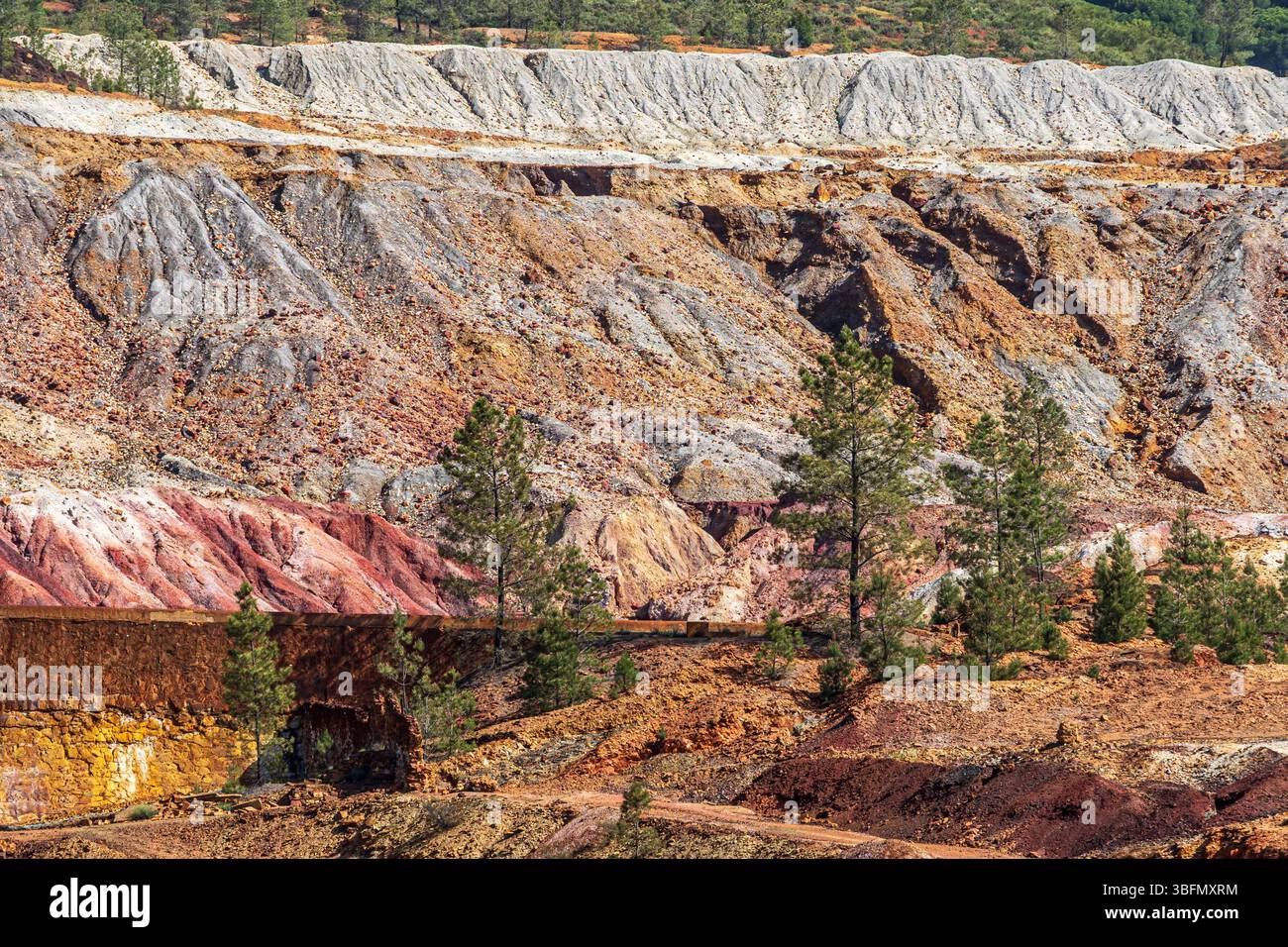 Rio Tinto mining area, destroyed nature and remains of mining activities,  views along the touristic railroad line, Minas de Riotinto, Andalusia, Spai Stock Photo