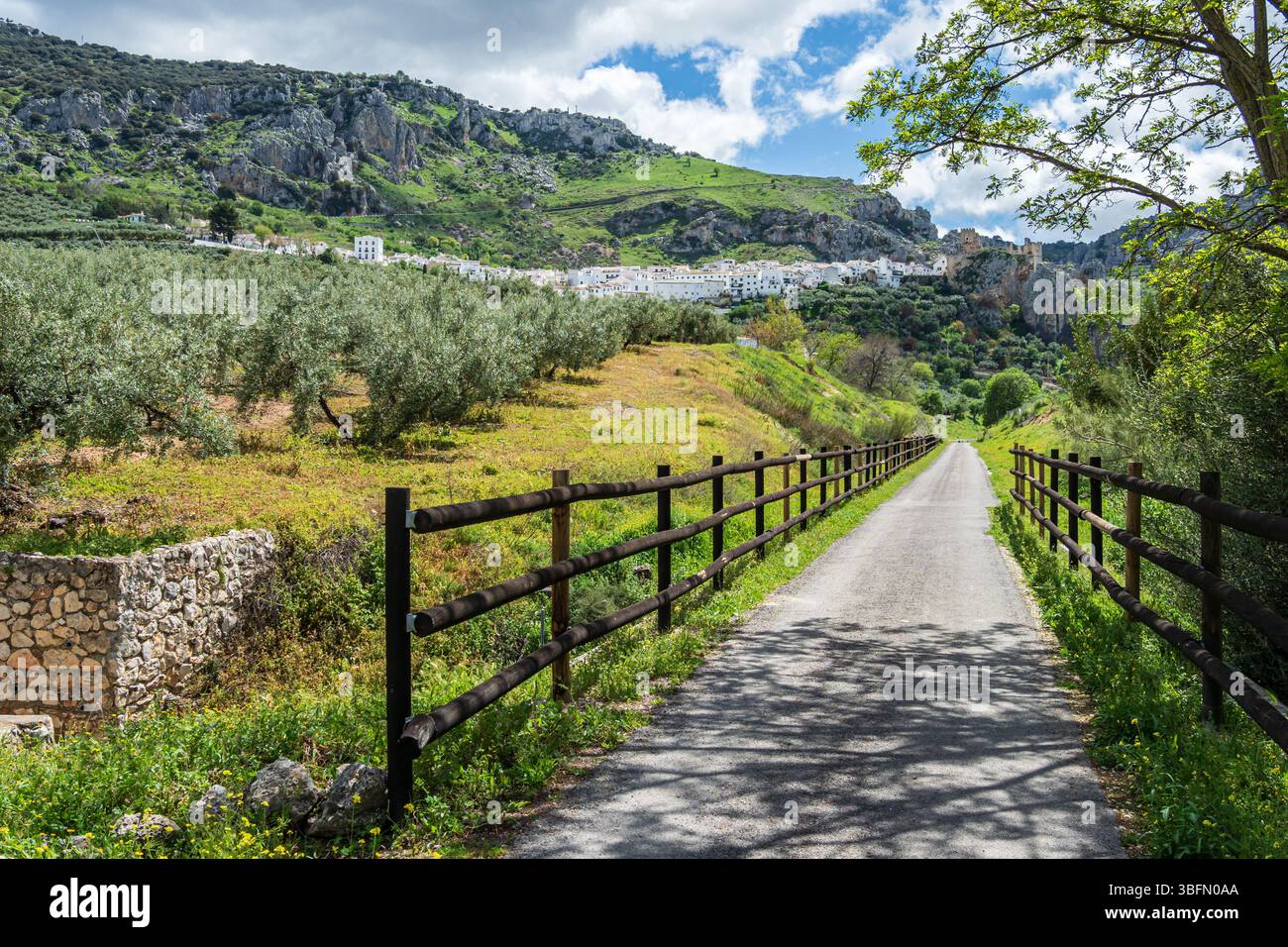 Cycle path via verde del aceite, below Zuheros castle and village, Sierras Subbéticas, Zuheros, Córdoba province, Andalusia, Spain Stock Photo