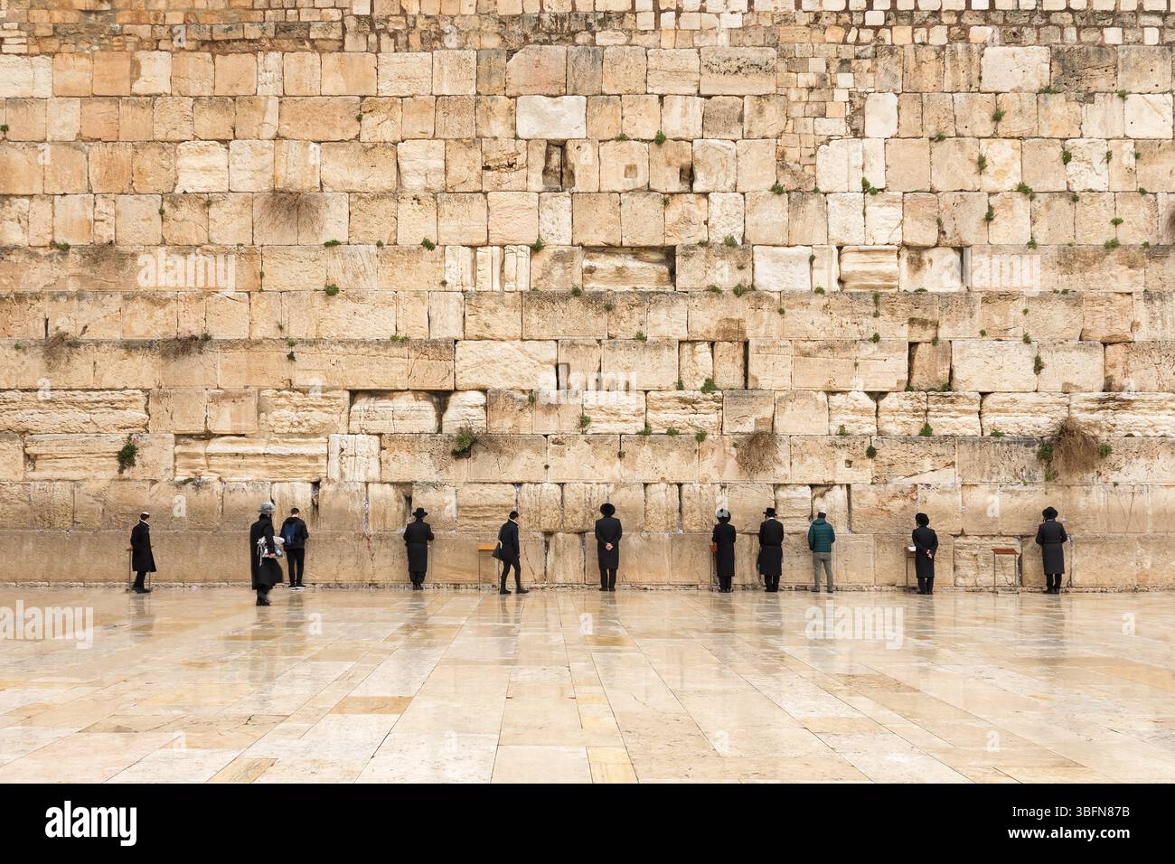 Jewish devotees gather quietly before the Western Wall of Jerusalem ...