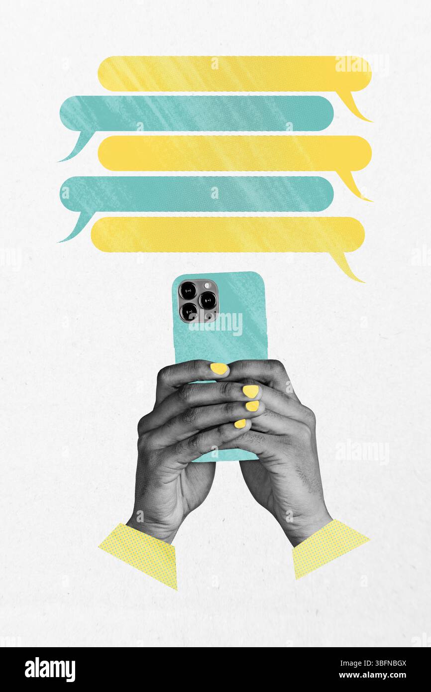 Composite 3D collage trend artwork template design of hand hold smartphone blogger speech cloud app comic cloud feedback box balloon Stock Photo