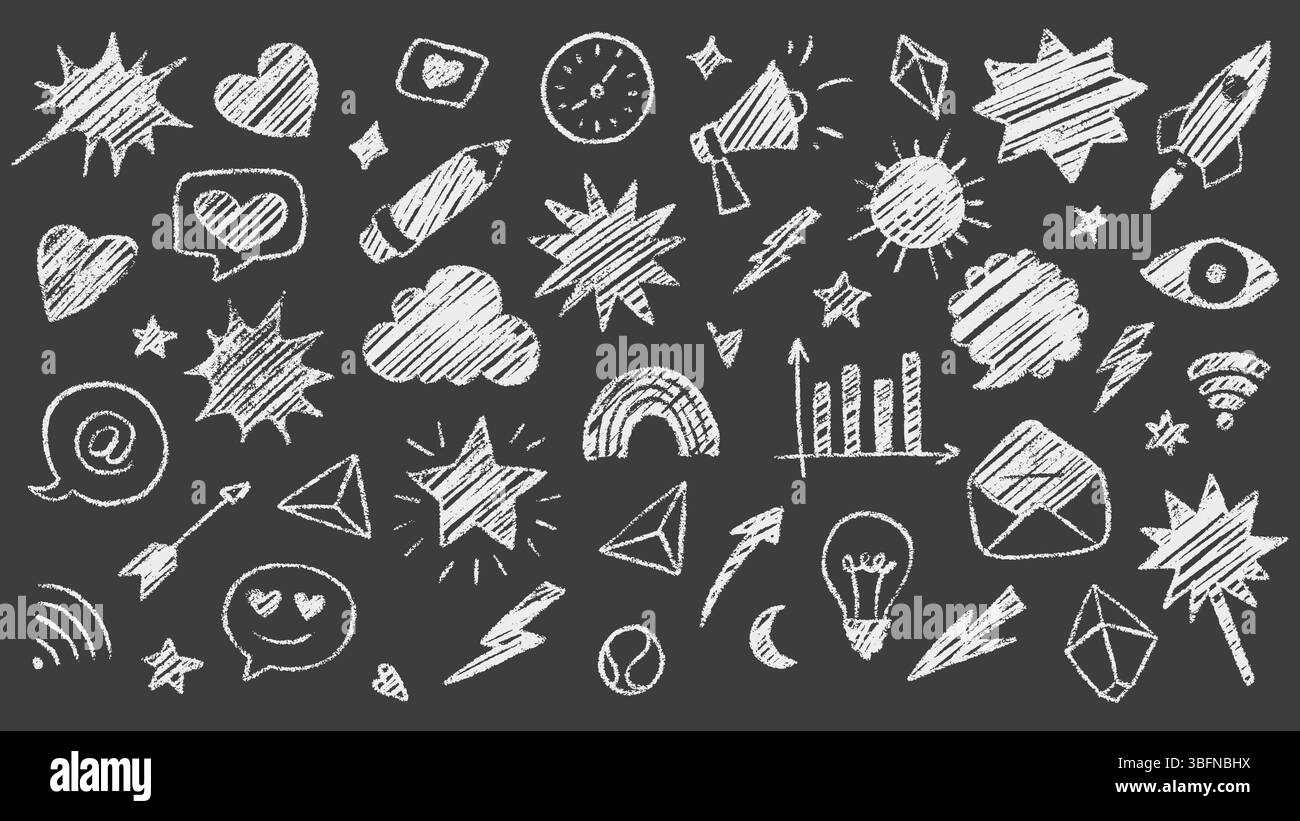 Collection of chalk sketched doodles of symbols and icons create a ...