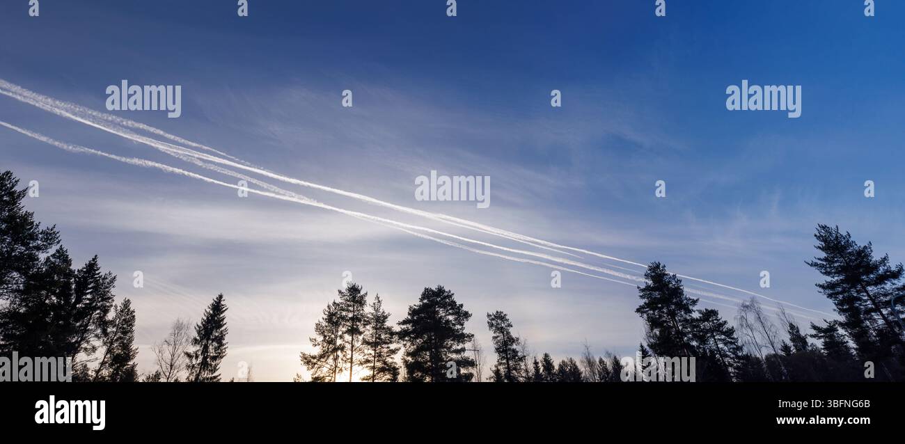 Jet contrails at blue evening sky, Finland Stock Photo
