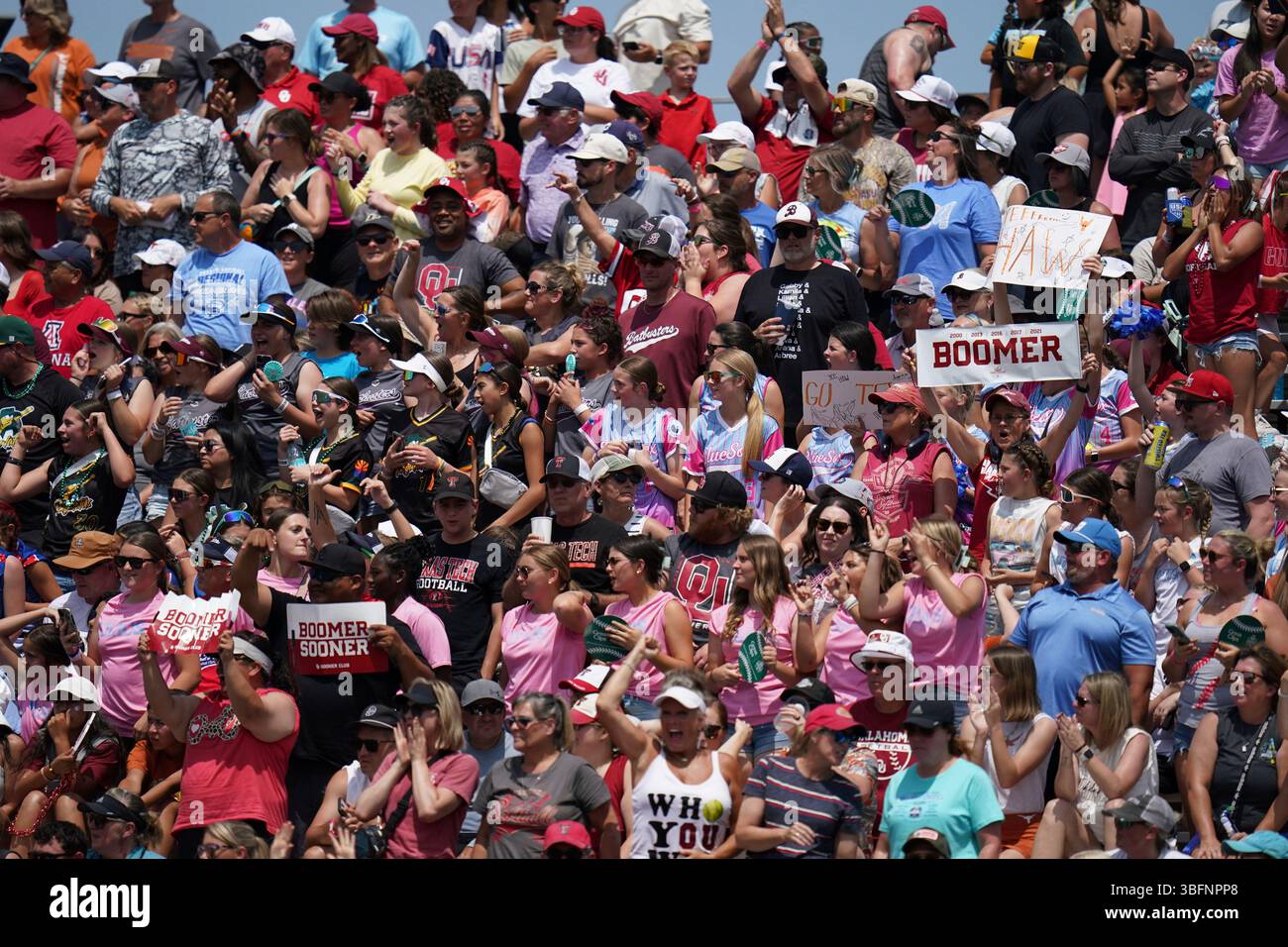 Fans cheer before an NCAA softball Women's College World Series game