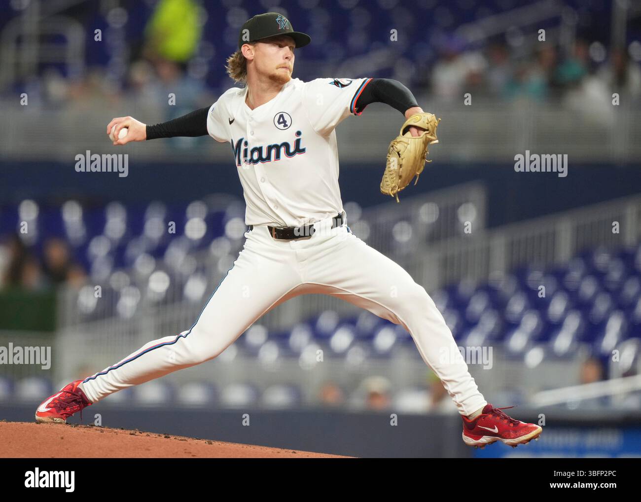Miami Marlins starting pitcher Max Meyer throws during the first inning ...
