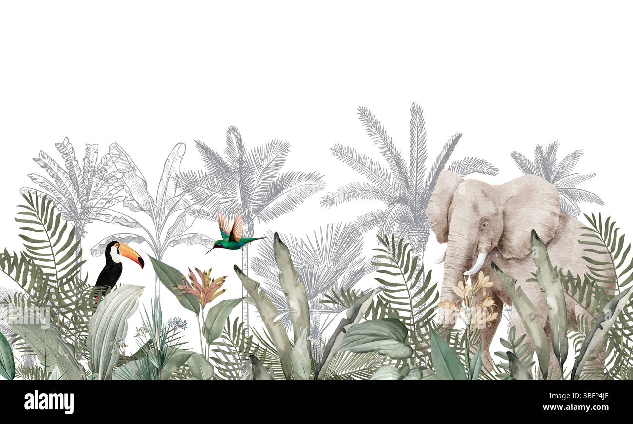 Cool Tone Safari Wallpaper: Elephant, Zebra & Toucan in Gray Jungle ...