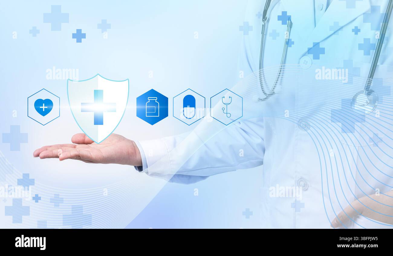 Doctor holding shield icon surrounded by medical icons, Medical ...