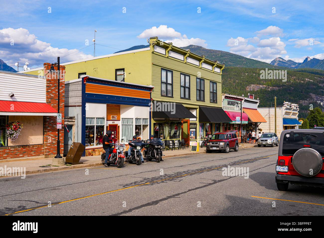 Storefronts on Front Street in Kaslo, an ancient mining town located on the west shore of Kootenay Lake in British Columbia, Canada Stock Photo