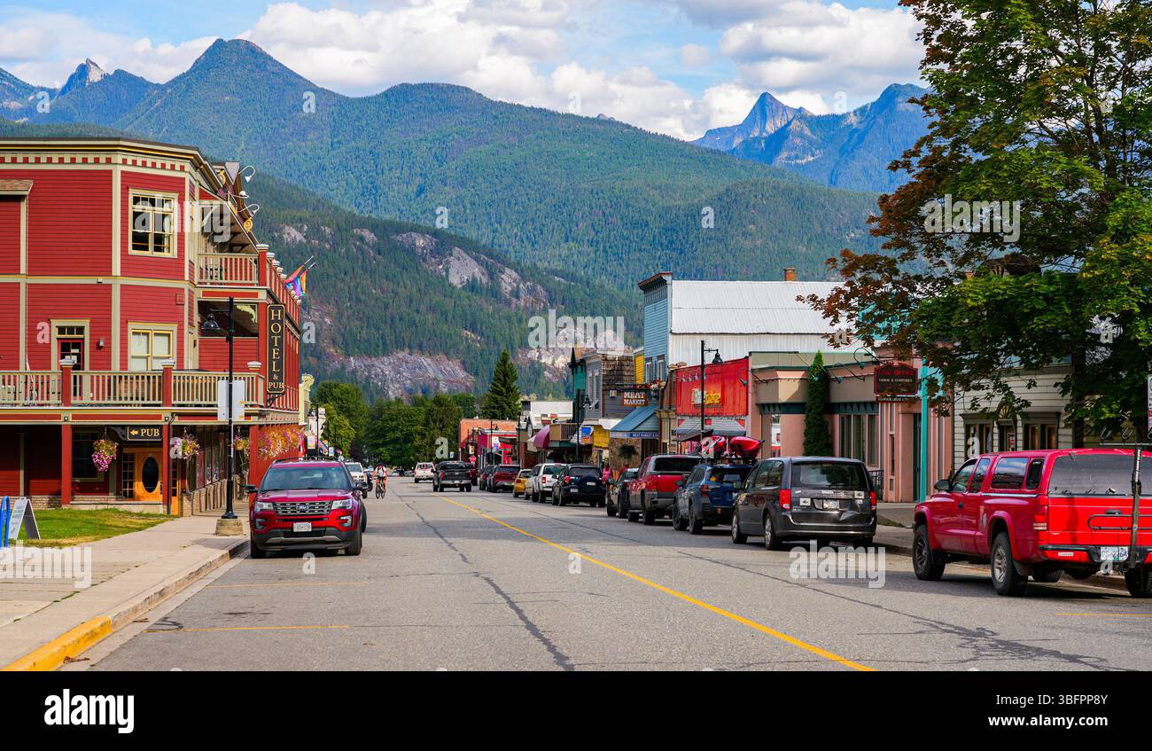 Storefronts on Front Street in Kaslo, an ancient mining town located on the west shore of Kootenay Lake in British Columbia, Canada Stock Photo