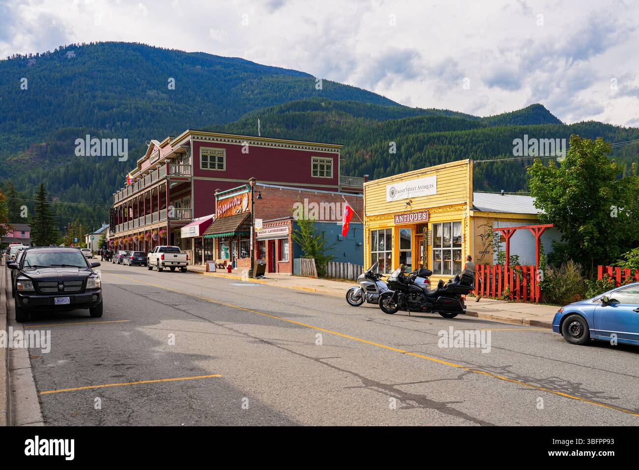Storefronts on Front Street in Kaslo, an ancient mining town located on the west shore of Kootenay Lake in British Columbia, Canada Stock Photo