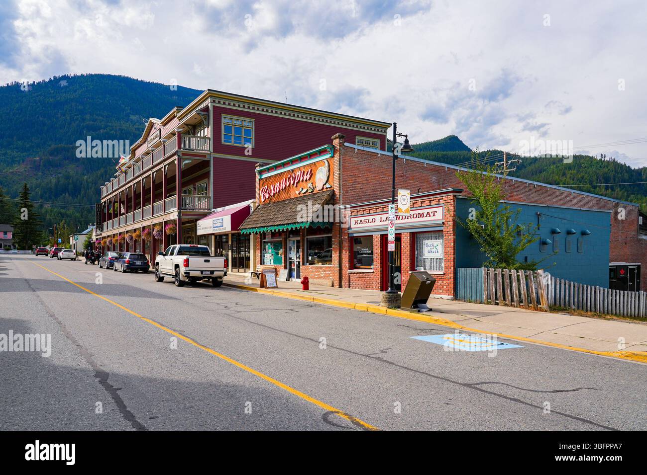 Storefronts on Front Street in Kaslo, an ancient mining town located on the west shore of Kootenay Lake in British Columbia, Canada Stock Photo