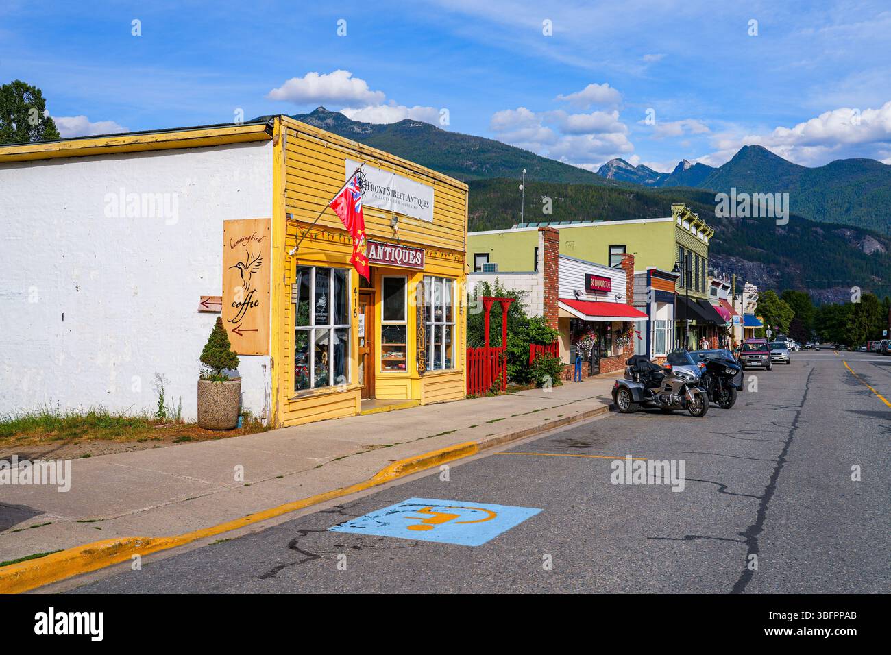 Storefronts on Front Street in Kaslo, an ancient mining town located on the west shore of Kootenay Lake in British Columbia, Canada Stock Photo