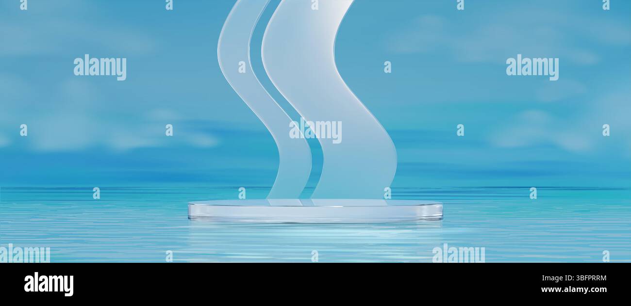 Modern glass podium display with curved backdrop floating on water ...