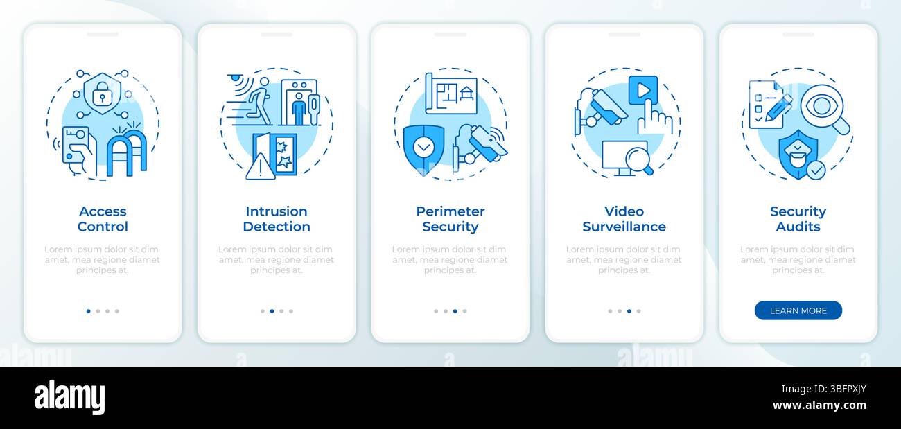 Components of physical security systems blue onboarding mobile app screen Stock Vector