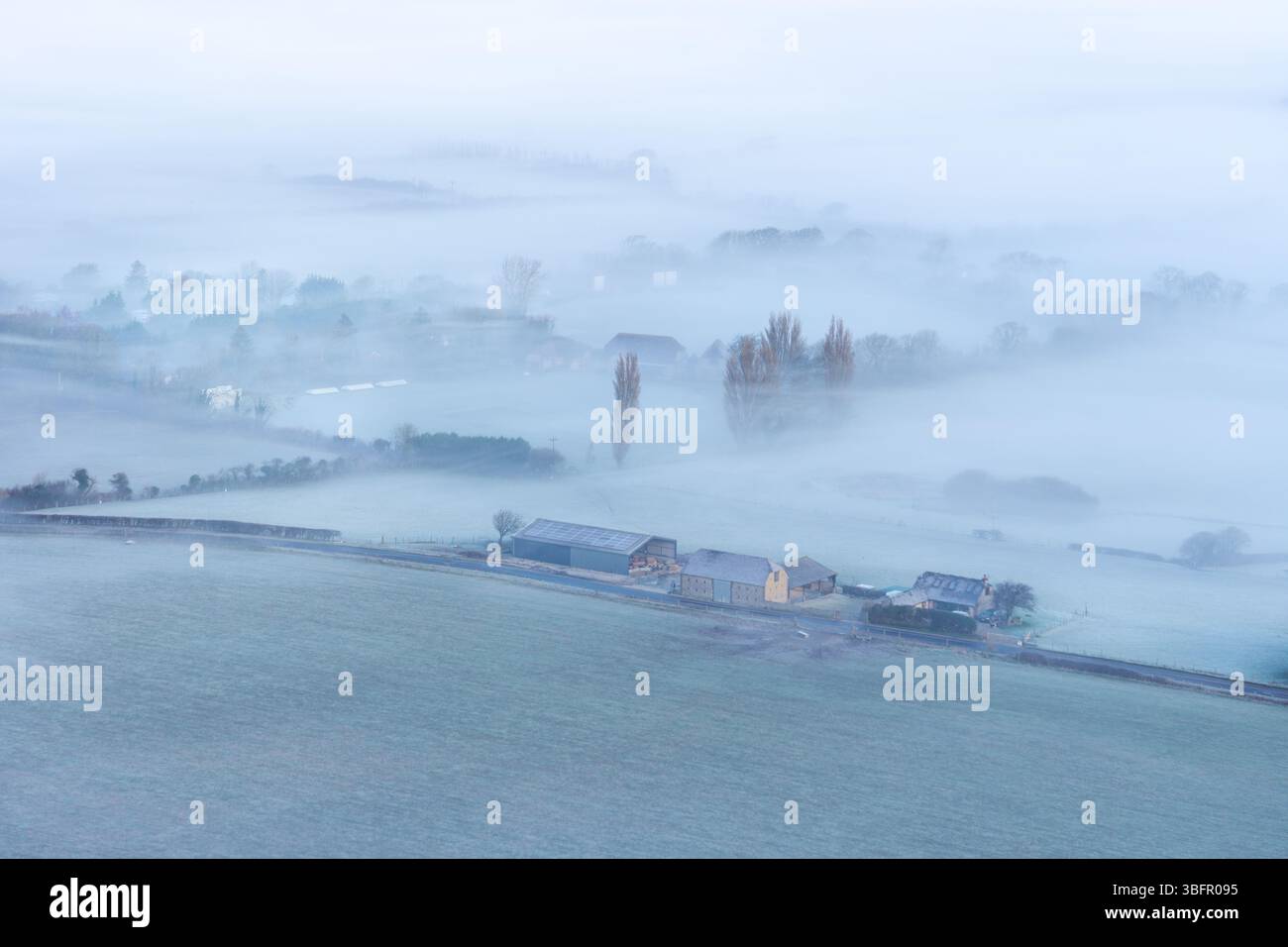 Winter fog at a West Sussex farm Stock Photo
