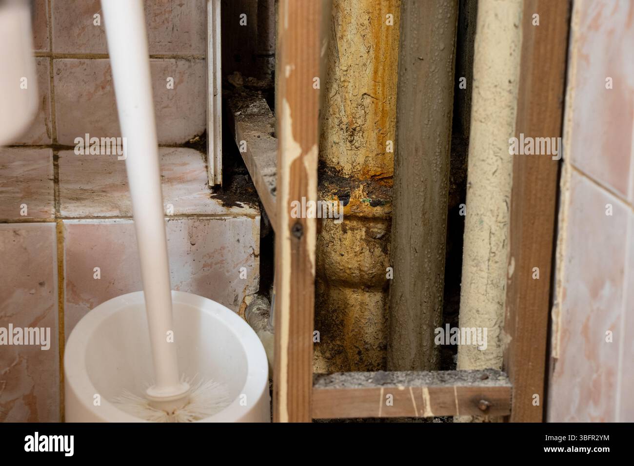 Old pipes with condensation and fungus in the toilet of an apartment ...