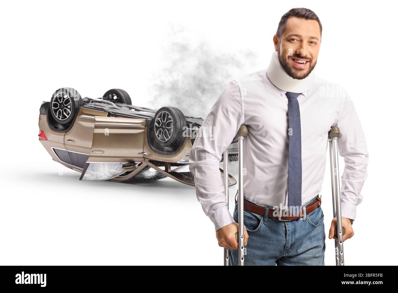 Car driver with injuries after a traffic accident isolated on white ...