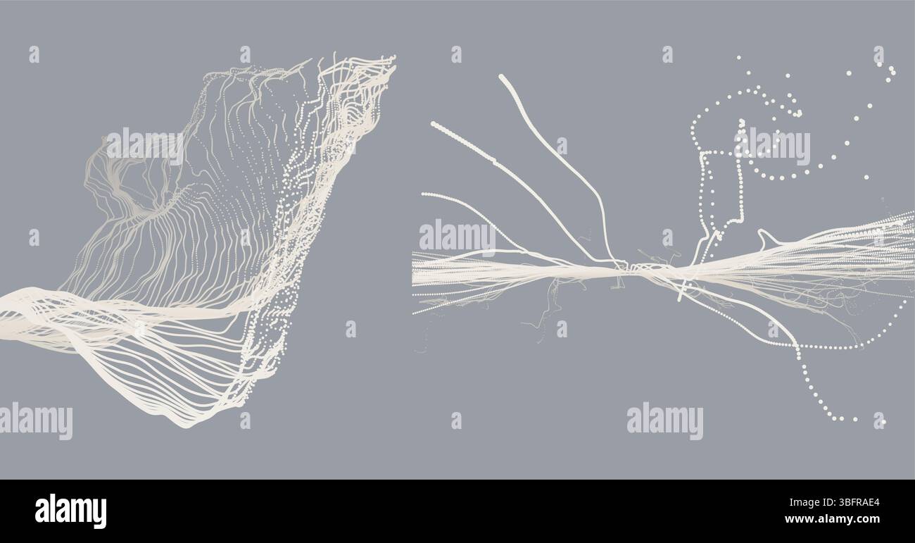 Point explode. Array with dynamic emitted particles. Water splash imitation. Abstract background. Cover design template. 3D illustration for brochure, Stock Vector