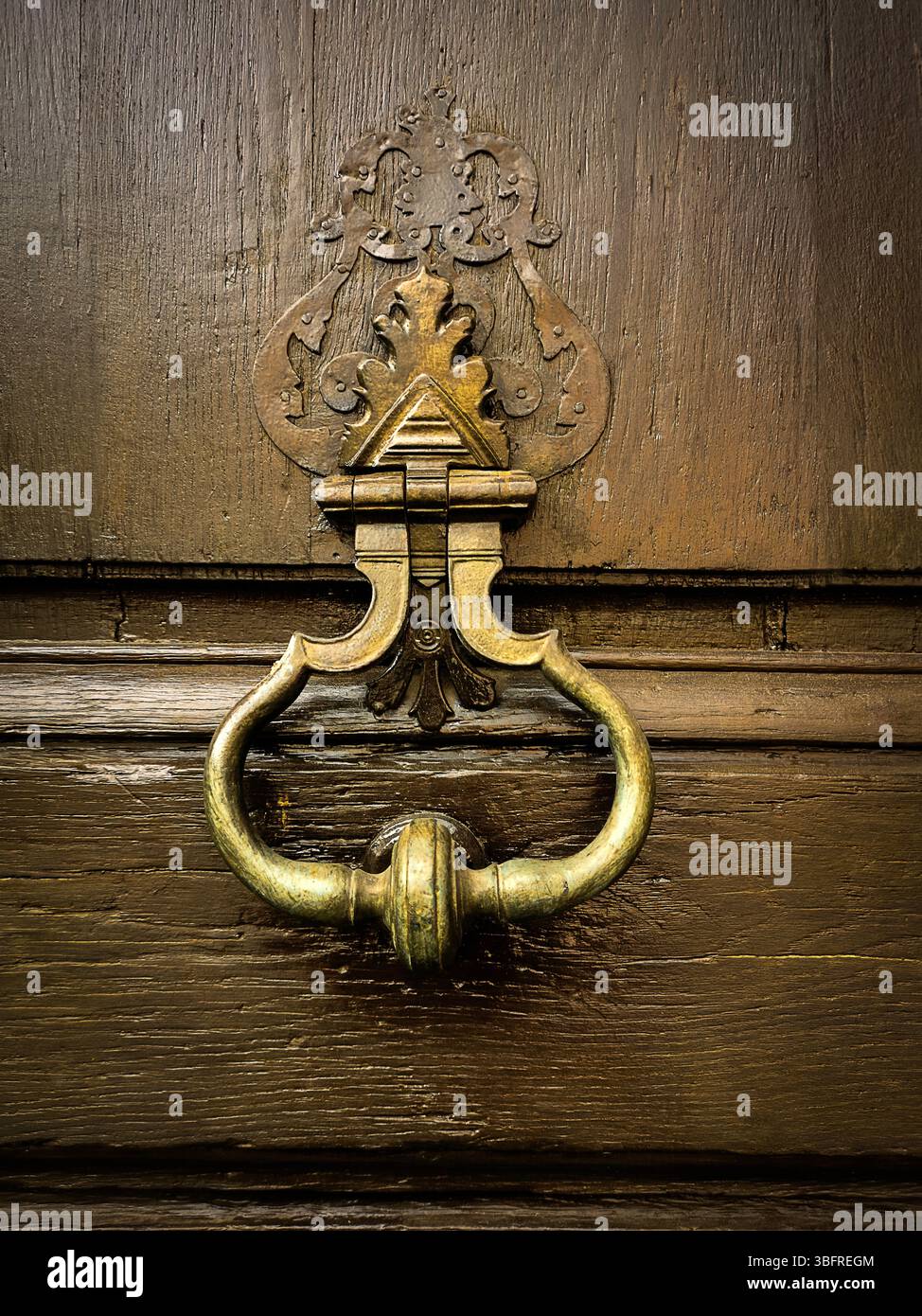 This striking door knocker blends vintage charm with intricate design, placed on a weathered wooden door. - Smartphone Captured Stock Image