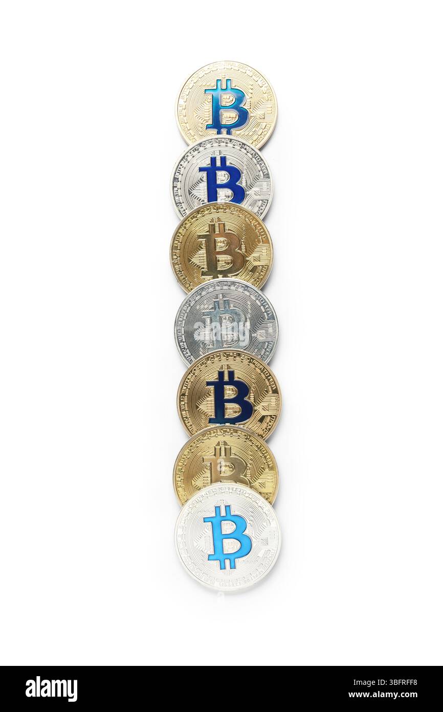 Different bitcoins on white background, top view Stock Photo