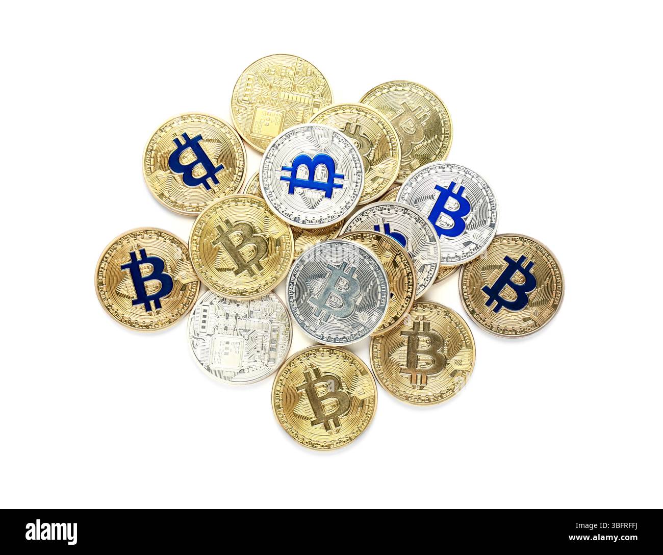 Different bitcoins on white background, top view Stock Photo