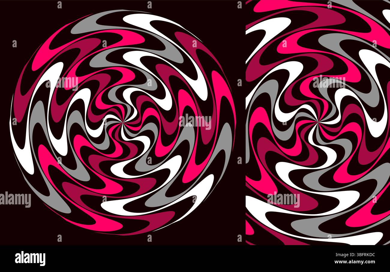 Striped circular figure. Emblems or geometric shapes. 3D wavy pattern with optical illusion. Abstract striped background. Cover design template. Vecto Stock Vector