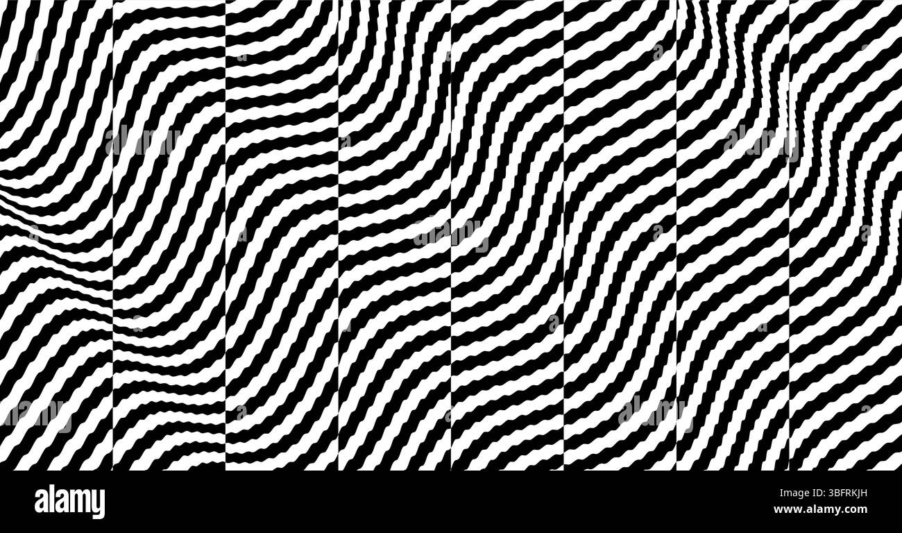 Wavy background. Black and white pattern. Optical illusion dynamic pattern with displacement from multiple sliced lines. Abstract striped backdrop. 3d Stock Vector