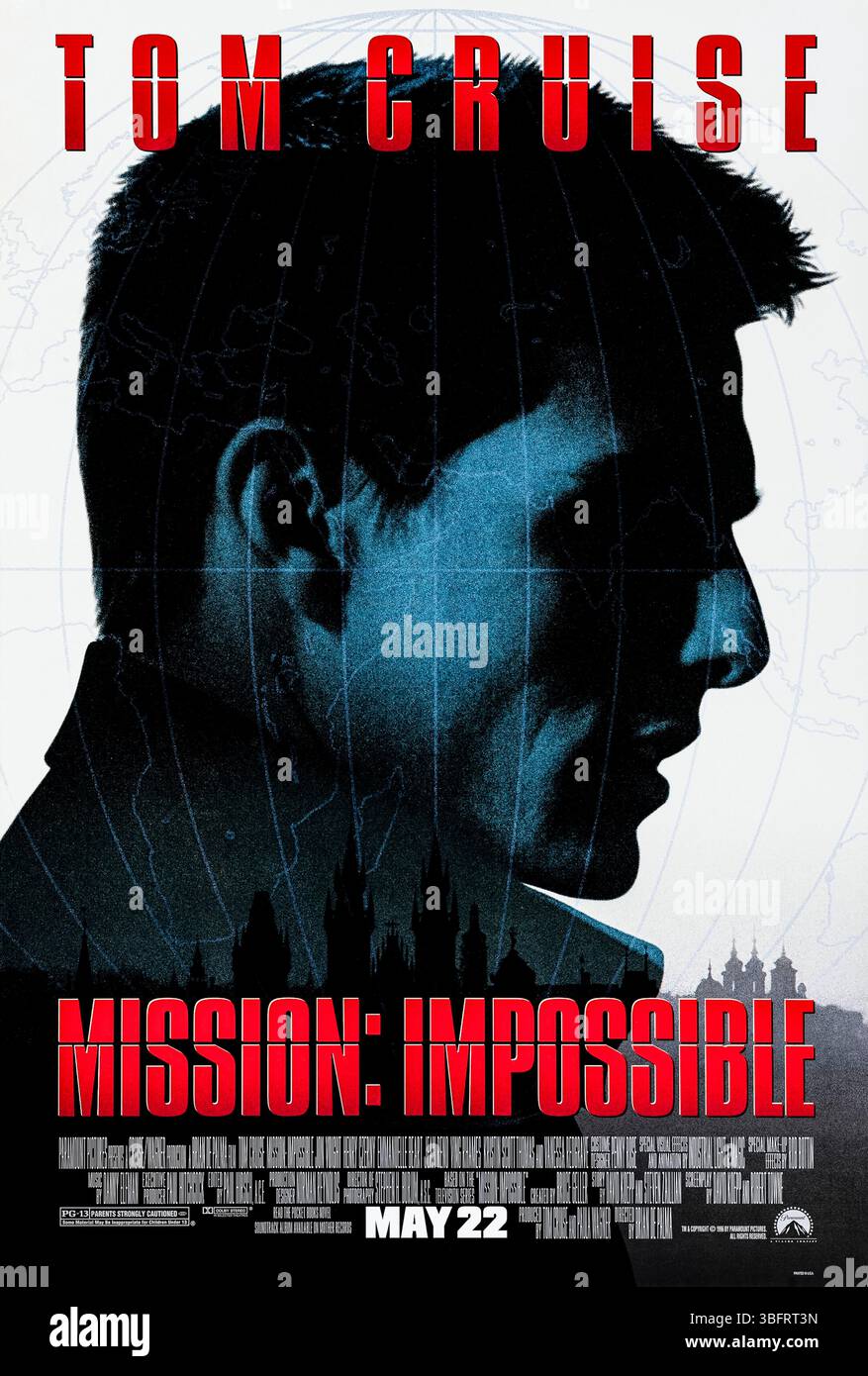 Mission: Impossible (1996) directed by Brian De Palma and starring Tom Cruise, Jon Voight, and Emmanuelle Béart. An American agent, under false suspicion of disloyalty, must discover and expose the real spy without the help of his organization. Photograph of an original 1996 US one sheet poster EDITORIAL USE ONLY. Credit: BFA / Paramount Picture Stock Photo