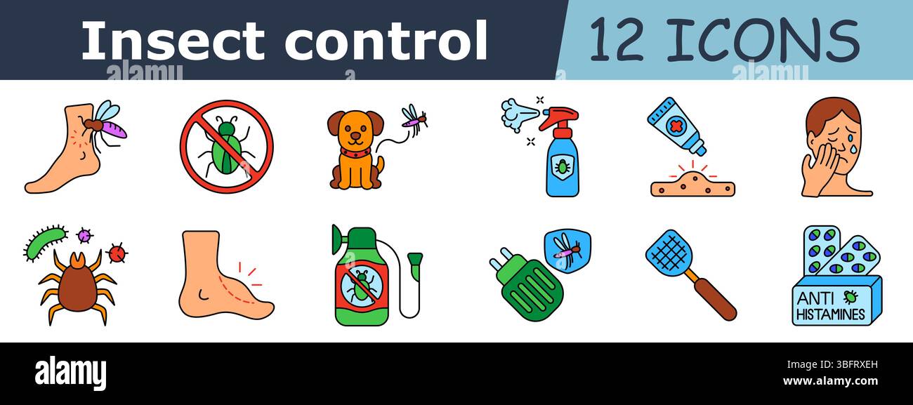 Insect control set icon. Mosquito bite, forbidden bug, dog repellent ...