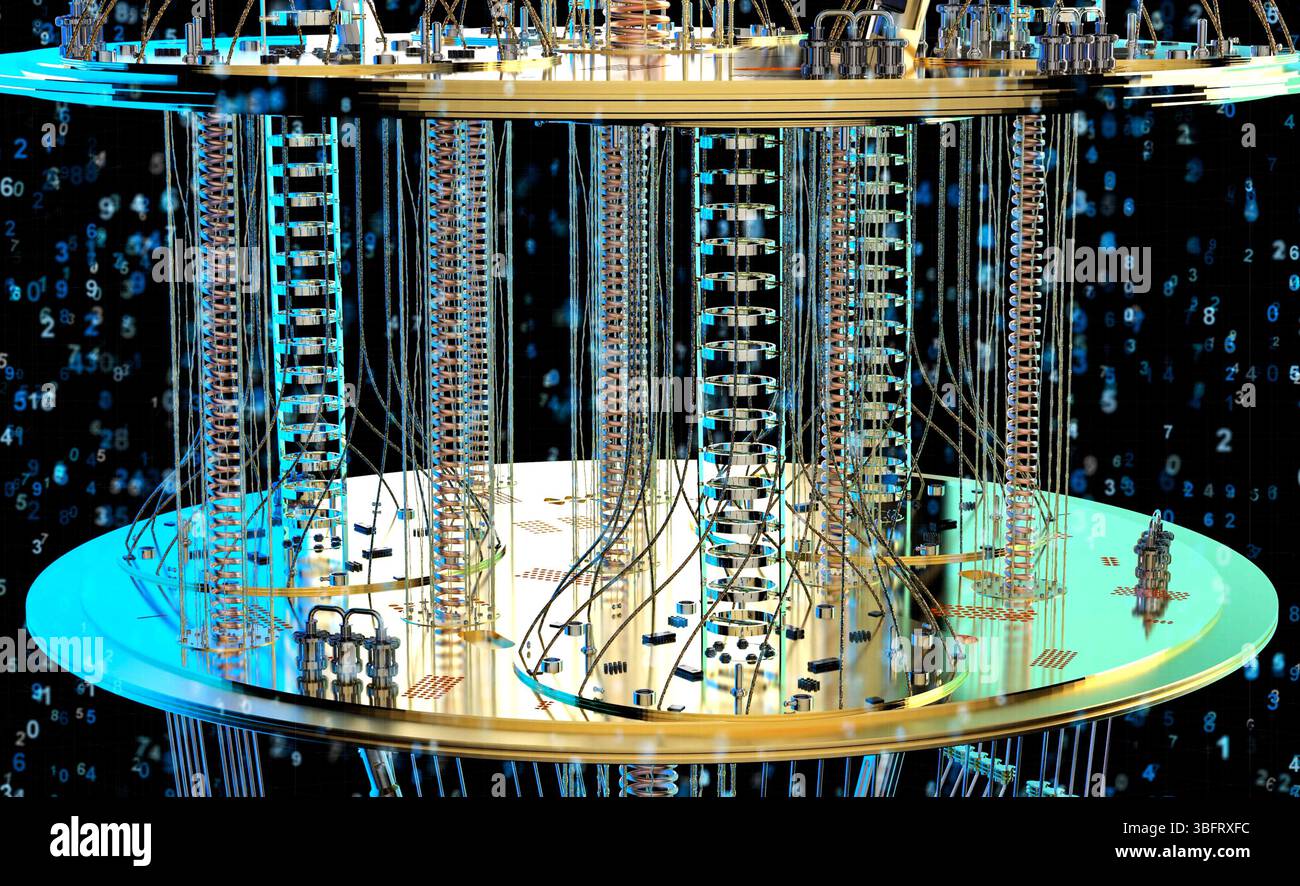 3d rendering golden quantum computer machine close up Stock Photo