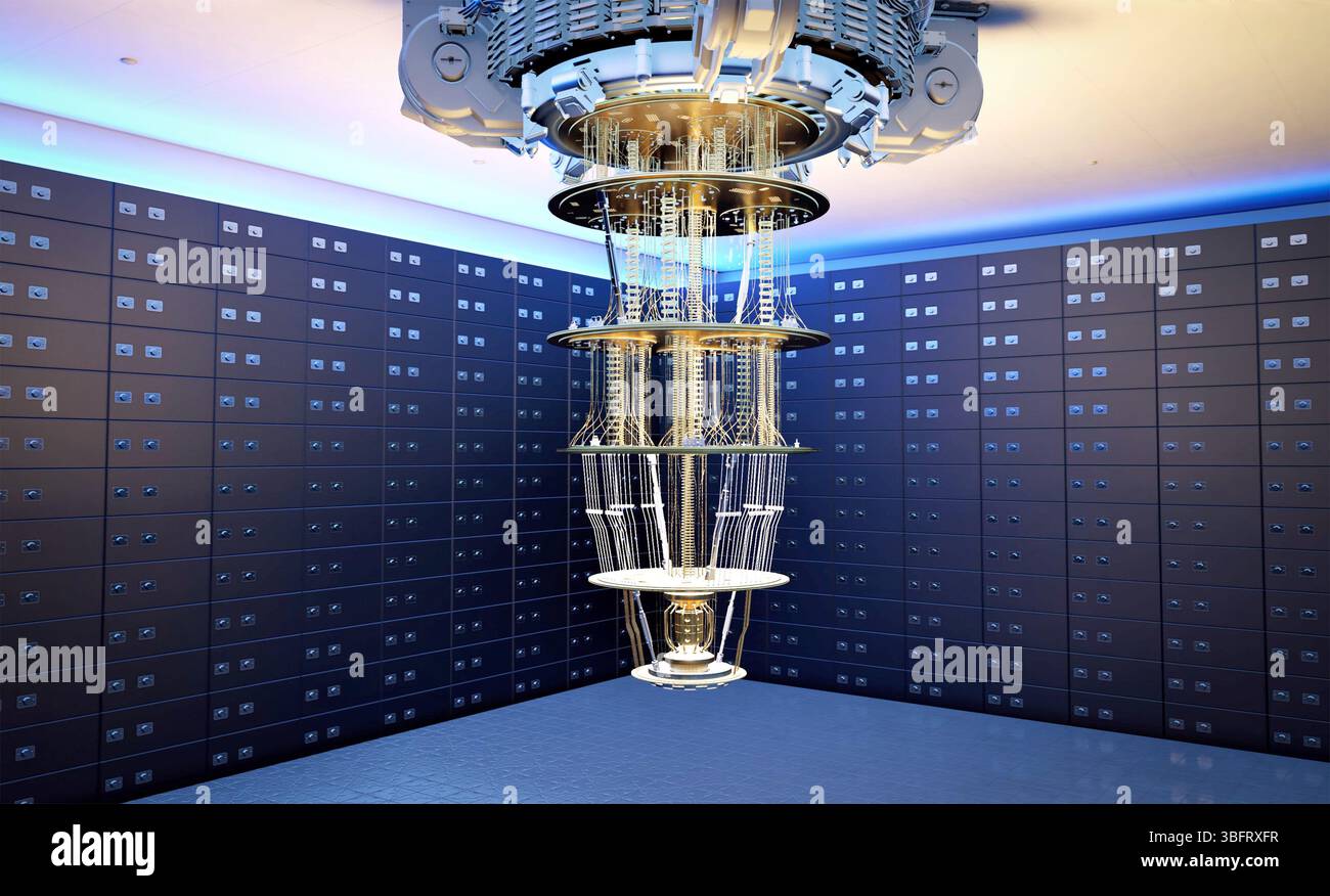 3d rendering golden quantum computer machine in room Stock Photo