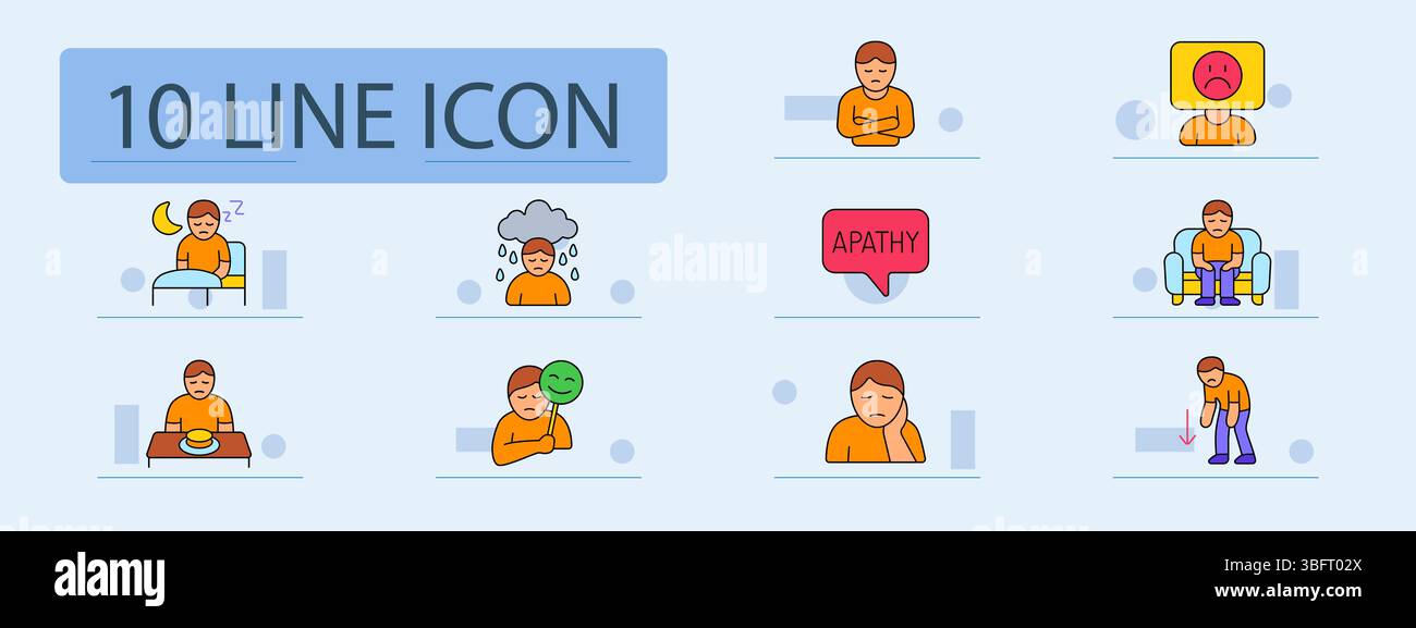 Depression set icon. Man in bed, sad under rain, crossed arms, apathy bubble, mood icon, sad on couch, no appetite, fake smile, fatigue, low energy Stock Vector