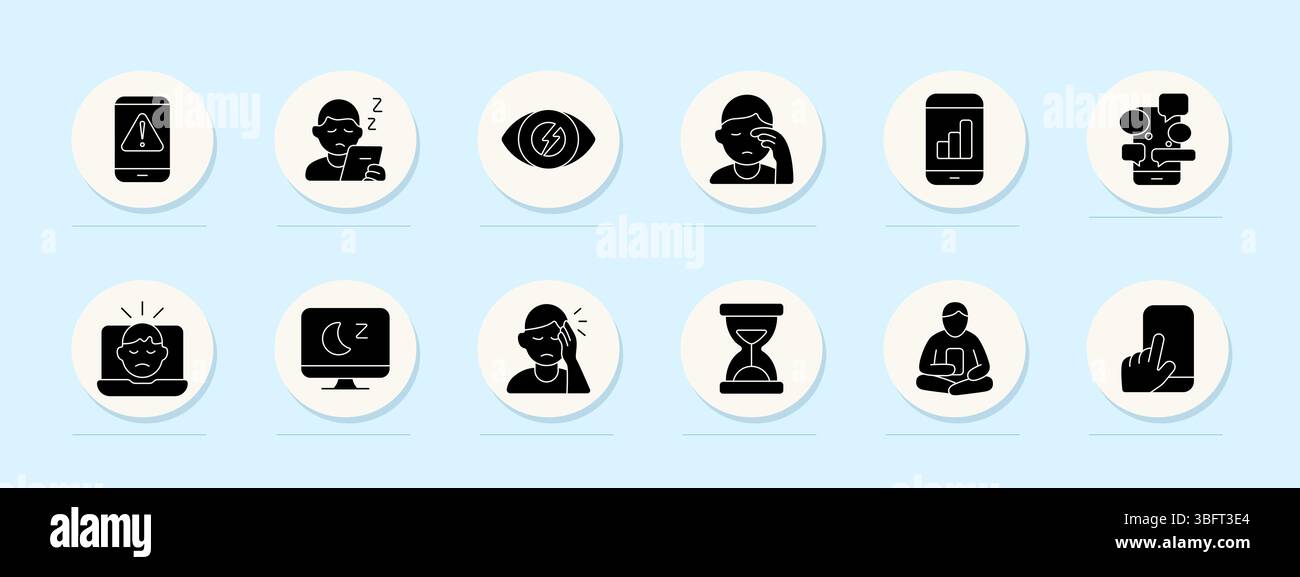 Sleep and screen set icon. Phone use, fatigue, eye strain, headache ...