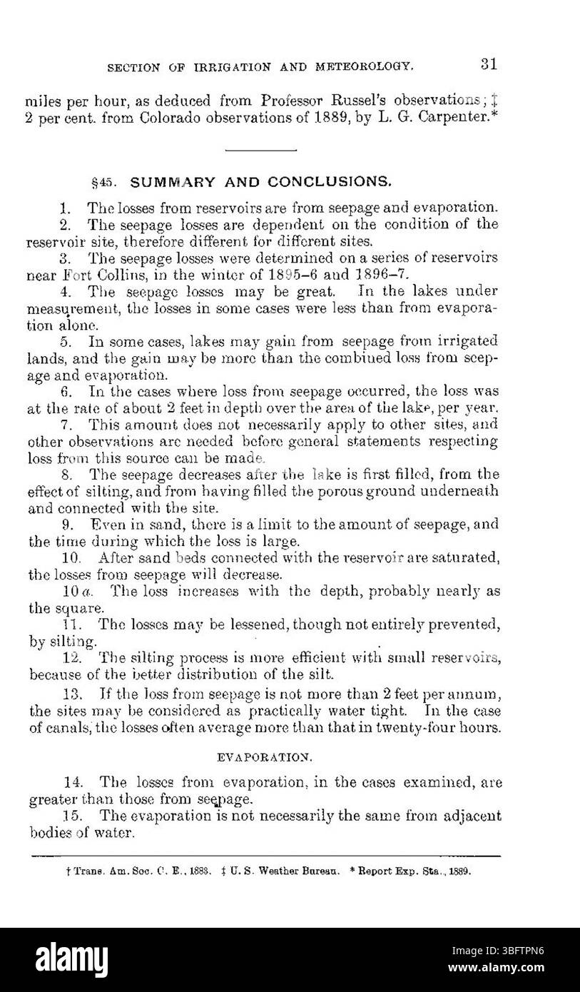 Page 31 of the 1898 report continues to investigate the issues related to the loss of water from reservoirs due to evaporation and seepage, highlighting methods to mitigate these losses. Stock Photo