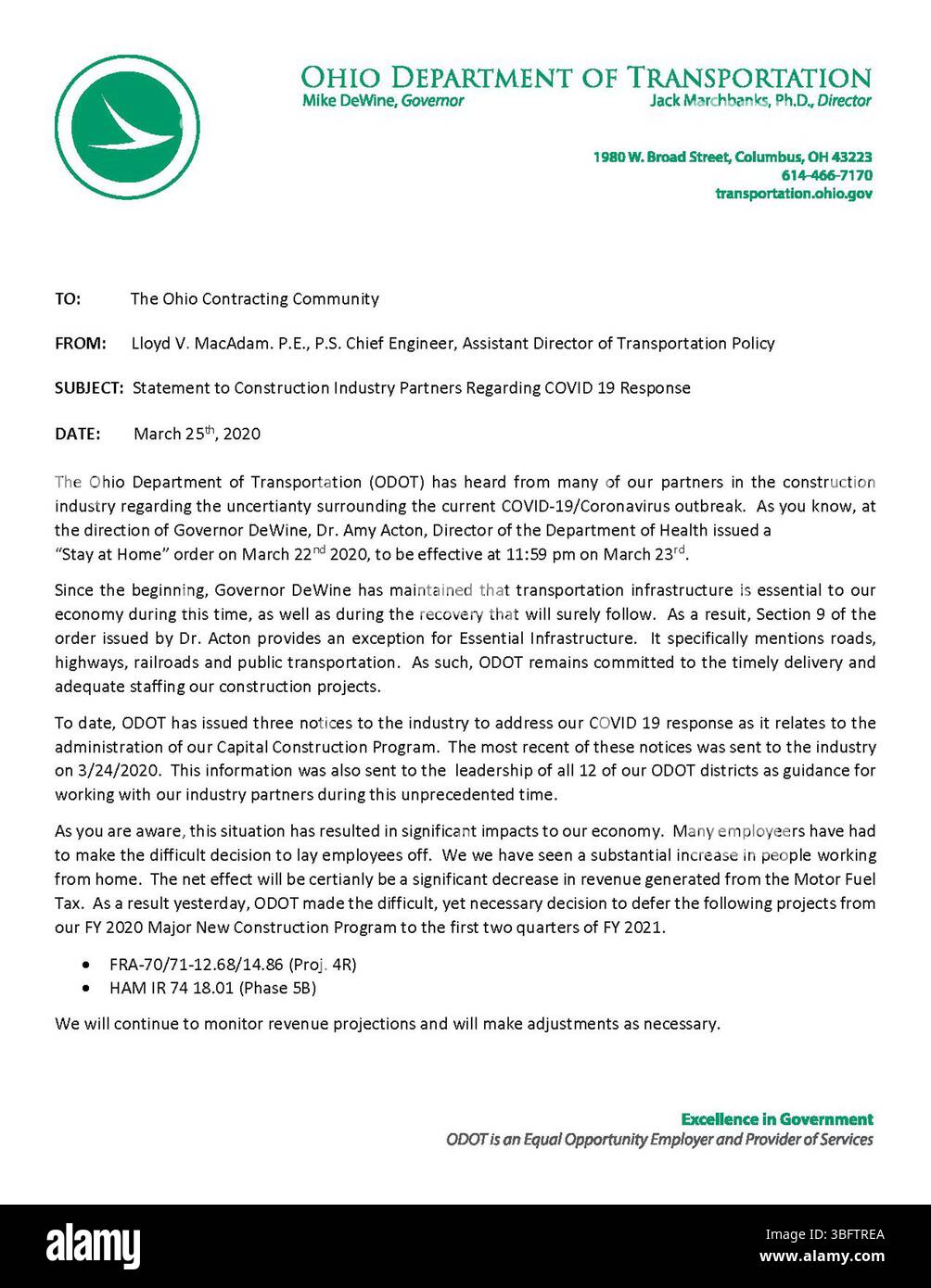 A statement issued to construction industry partners on March 25, 2020, outlining safety measures and operational adjustments in response to the COVID-19 pandemic, focusing on maintaining safe work environments during the crisis. Stock Photo