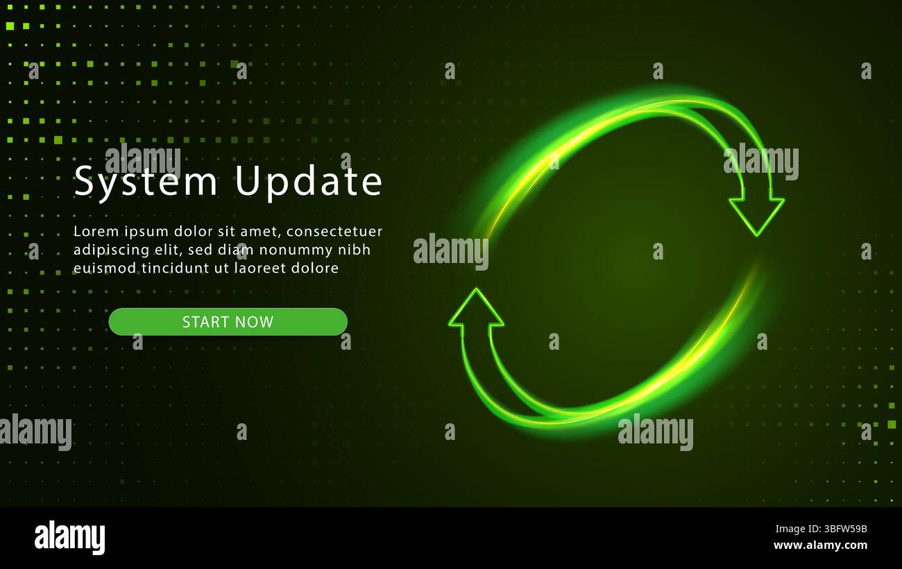 Green System Update Page. Upgrade Software version concept. Computer Program Upgrade. Synchronization icon. Two arrows go round. Refresh Process Stock Vector