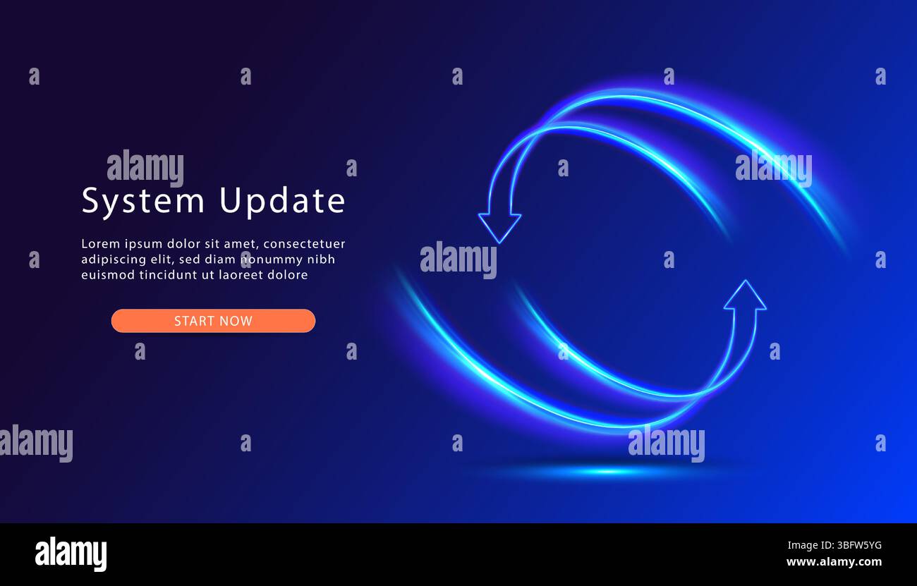 Update process. Install new software, operating system, update support. Web page with updating progress bar. Two glowing arows go round. Stock Vector