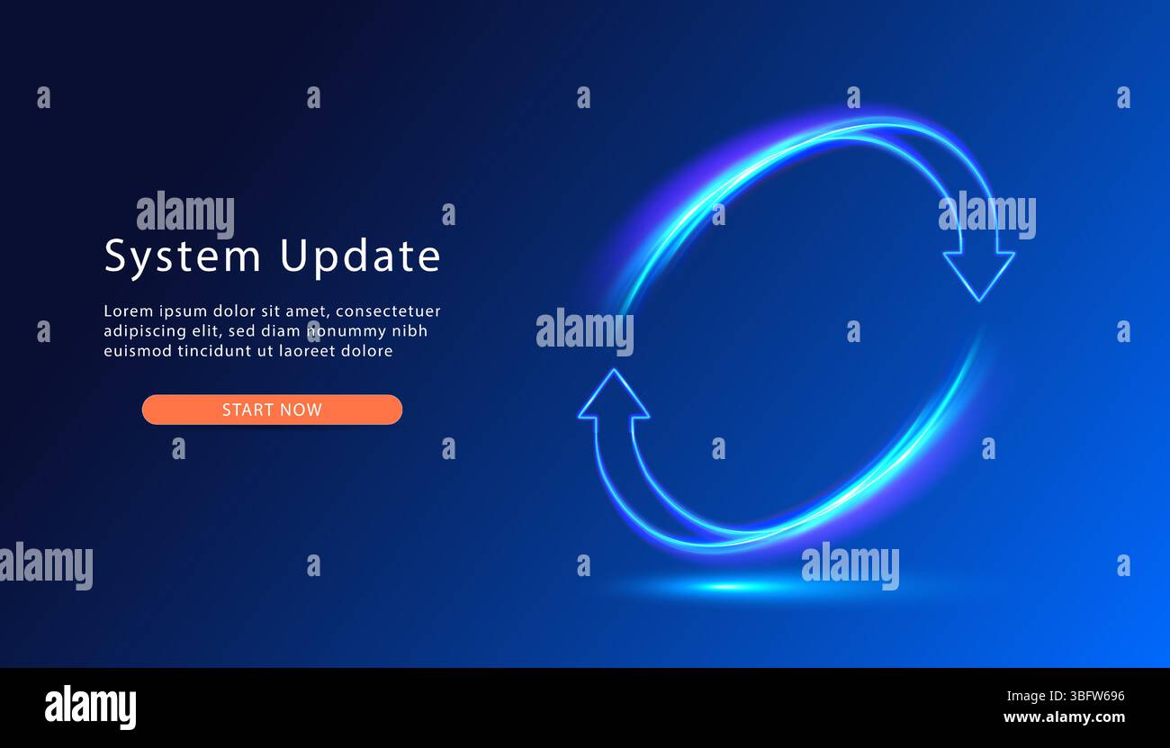 System Update. Two glowing arows go round. Update icon. Web page with ...