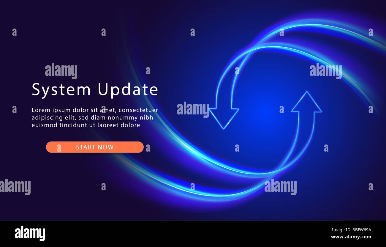 System Update. Upgrade Software version concept. Computer Program Upgrade. Synchronization icon. Two arrows go round. Refresh Process. Currensy Stock Vector