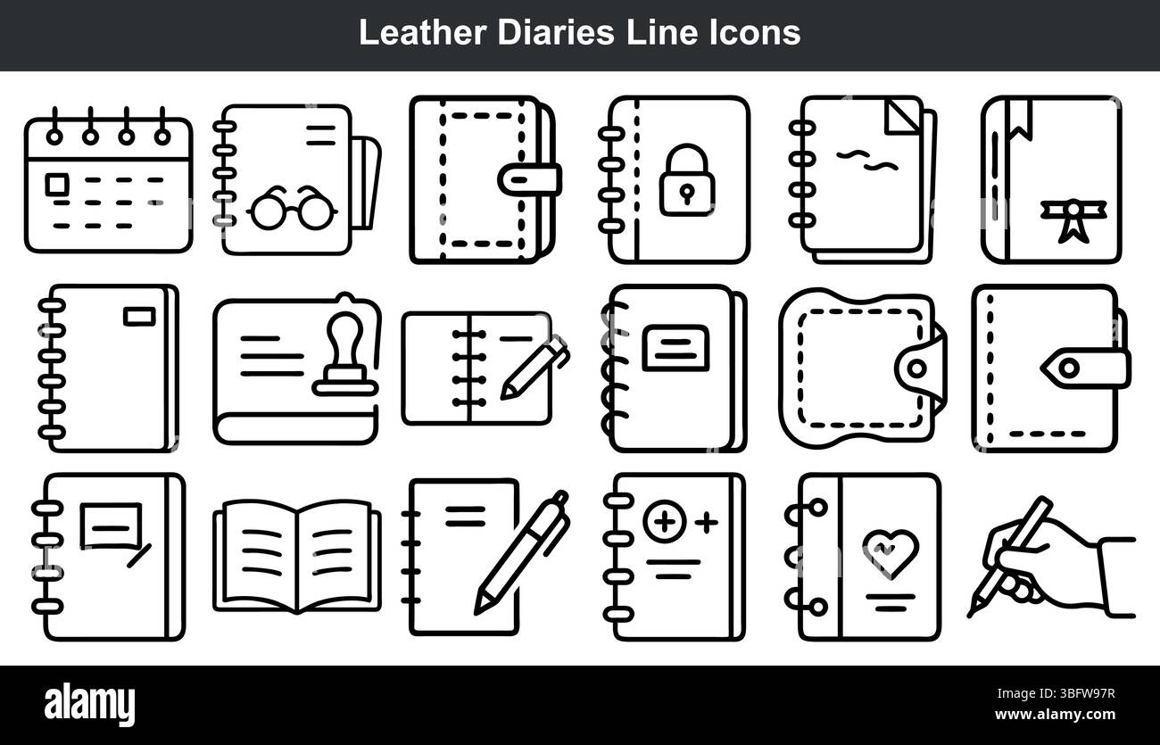 Leather diaries line icons set notebook collection Stock Vector