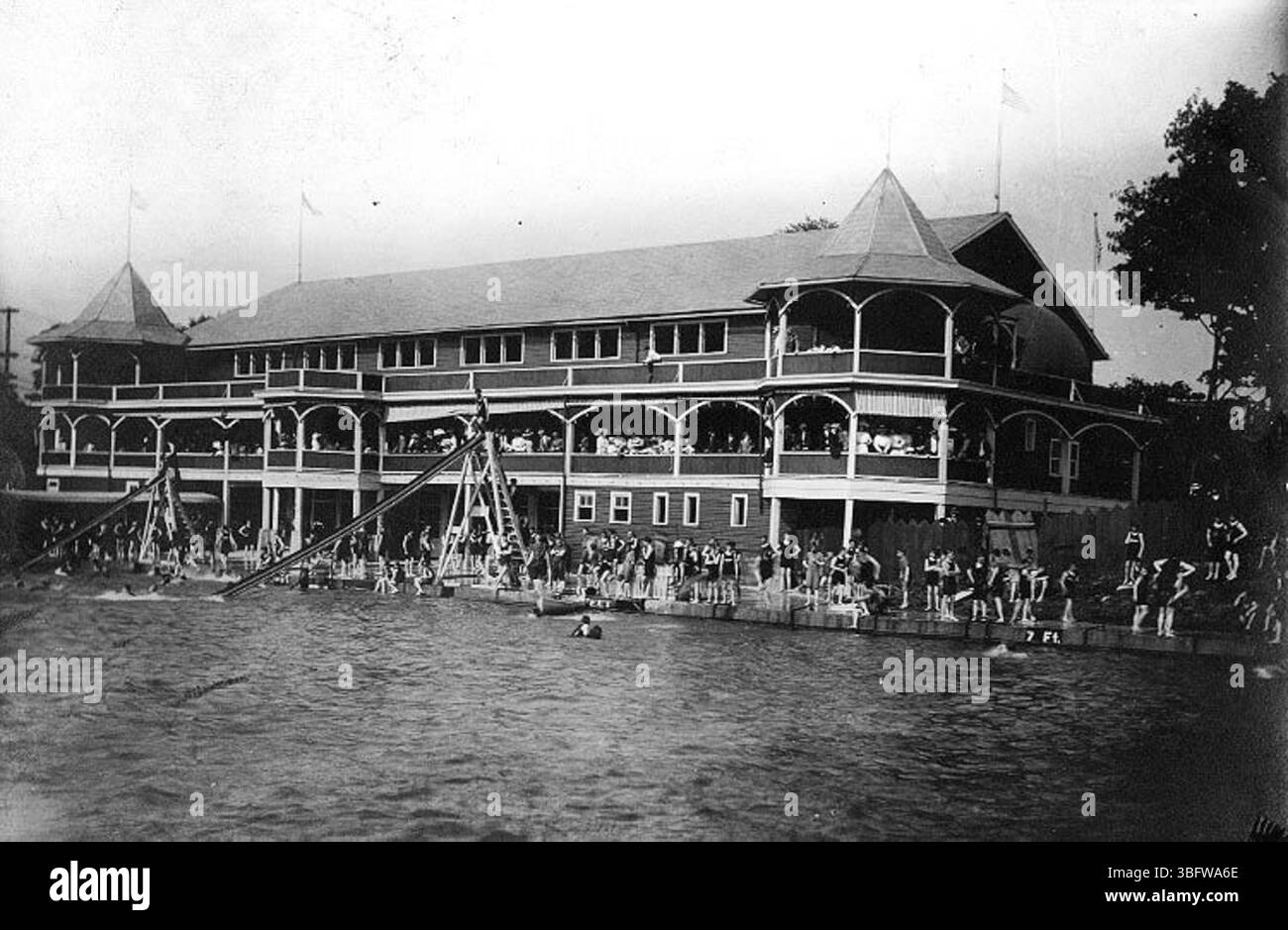 The swimming pool at Indianola Park, constructed in 1904 and once the largest in the world, was a major attraction. The park, located at North 4th Street and East 19th Avenue, also featured a bathhouse, dance pavilion, and numerous recreational facilities. Stock Photo